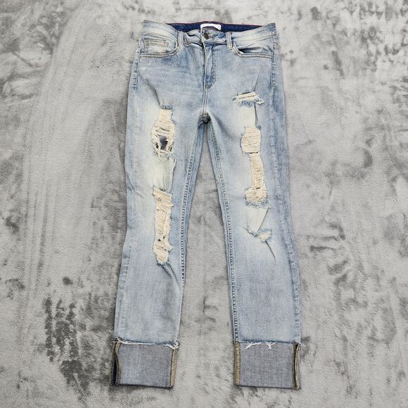 Cello Jeans Denim - Cello Jeans Womens 13 Juniors Blue Light Wash Distressed Crop Cuffed Stretch